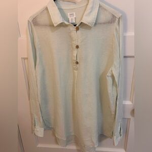 Sigrid Olsen Light Green Long Sleeve Popover Shirt 100% Linen w/Wooden Buttons